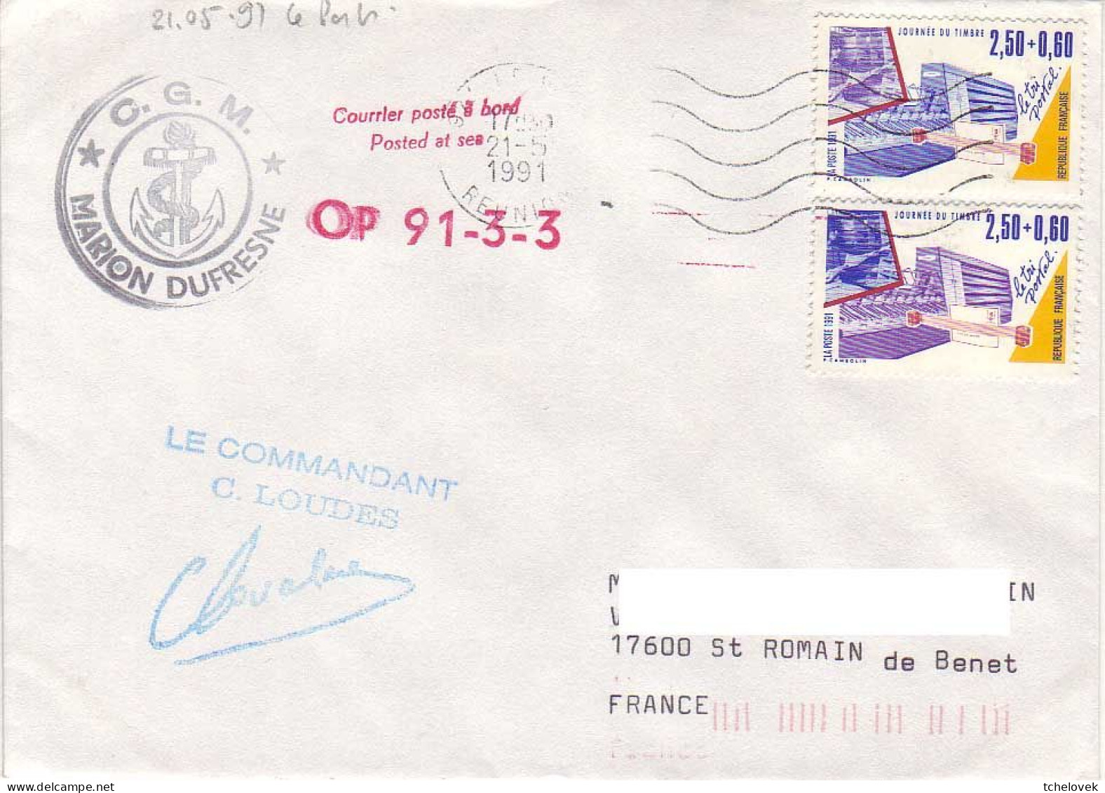 FSAT TAAF Marion Dufresne. 21.05.91 Le Port Reunion OP 91.3.3 - Lettres & Documents