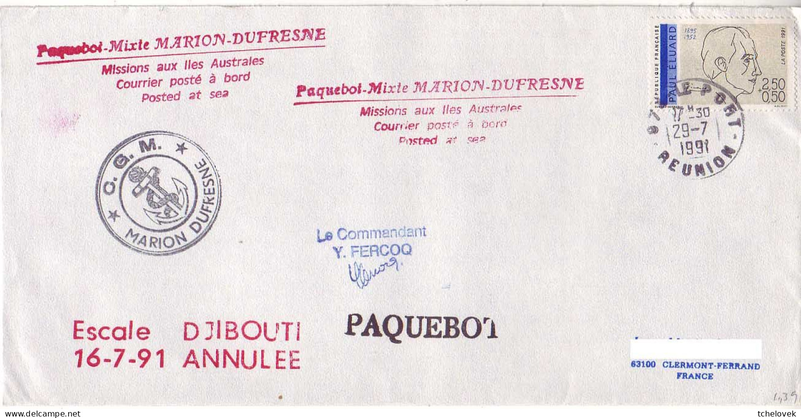 FSAT TAAF Marion Dufresne. 29.07.91 Le Port Reunion Escale Djibouti Annulée - Lettres & Documents