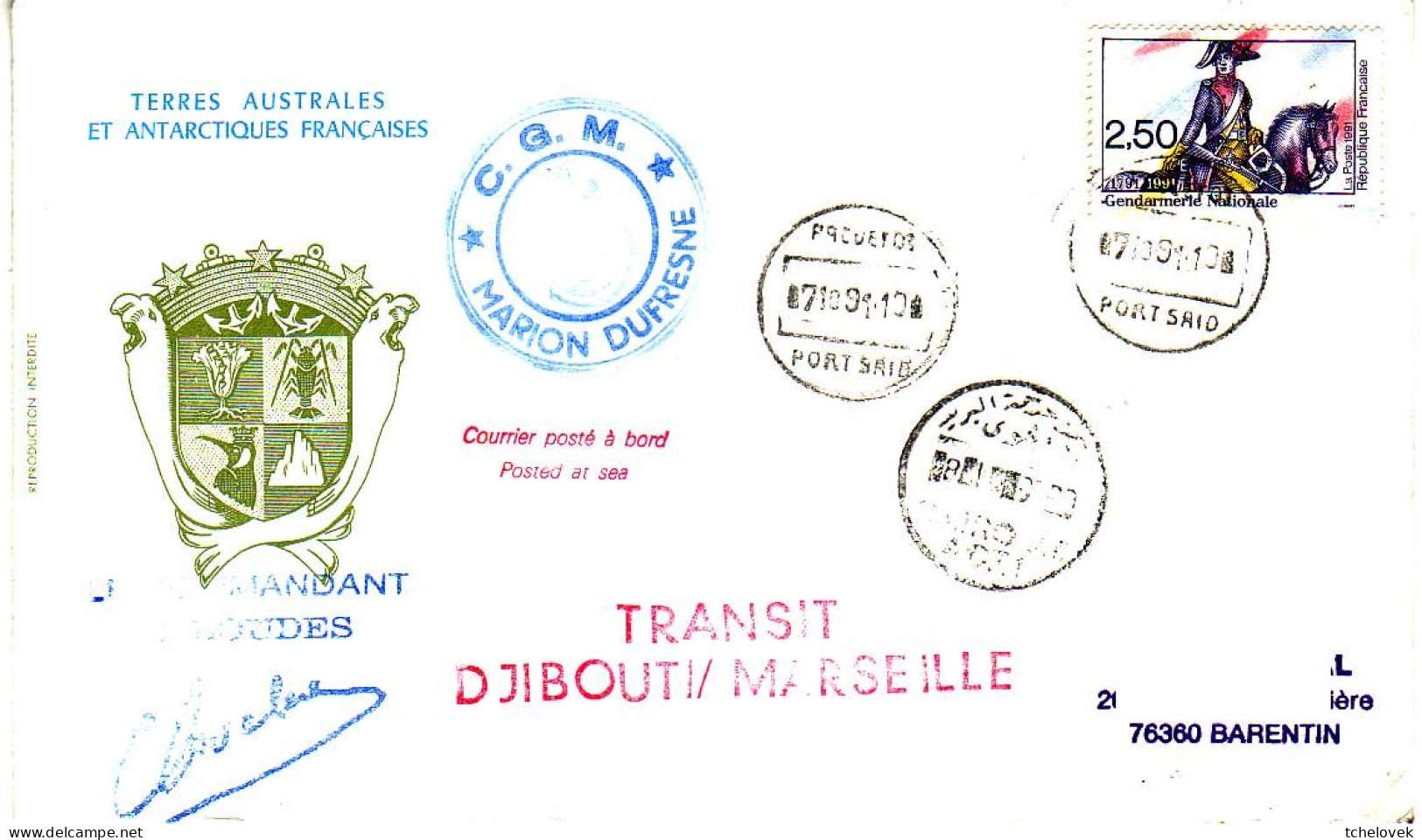 FSAT TAAF Marion Dufresne. 07.10.91 Port Said Egypt Transfert Djibouti Marseille - Brieven En Documenten