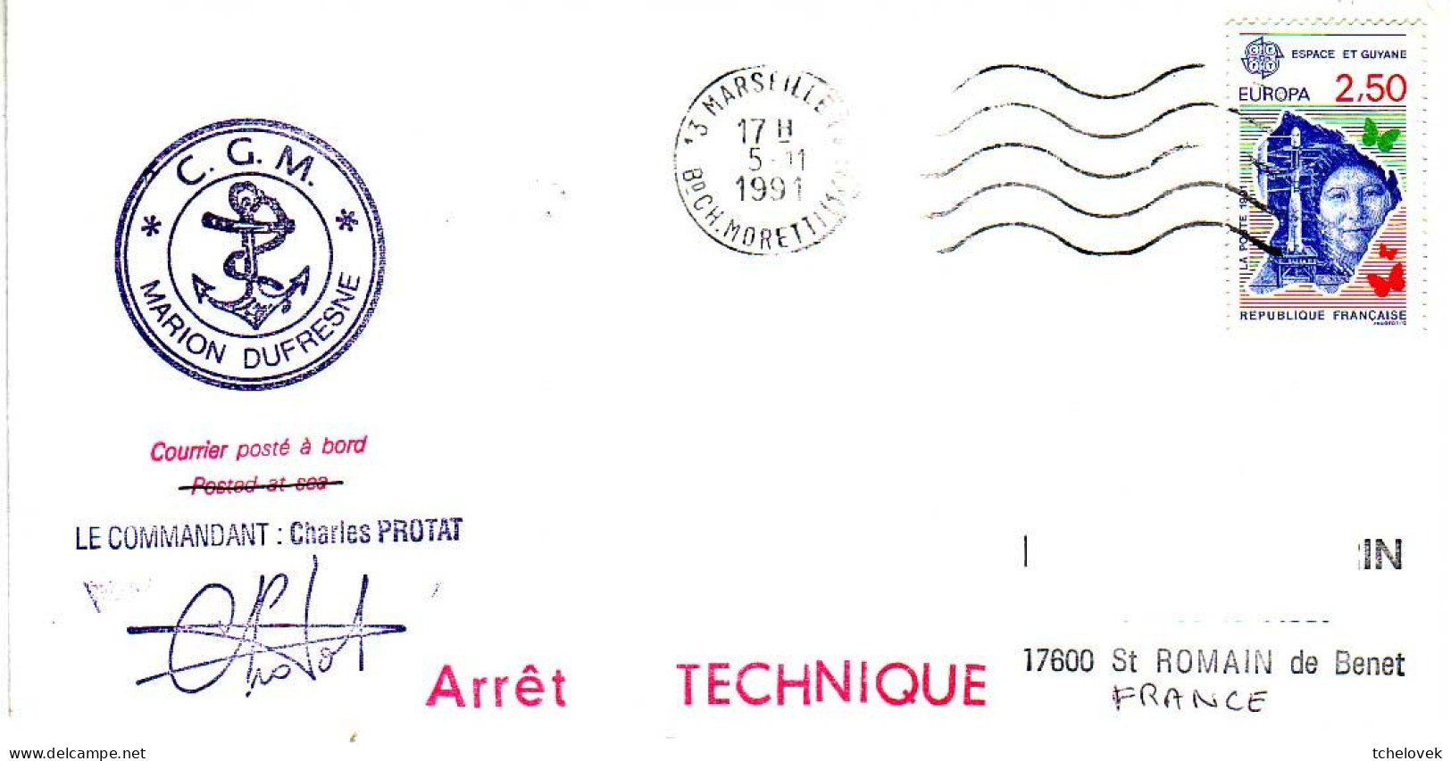 FSAT TAAF Marion Dufresne. 05.11.91 Marseille Arret Technique - Lettres & Documents