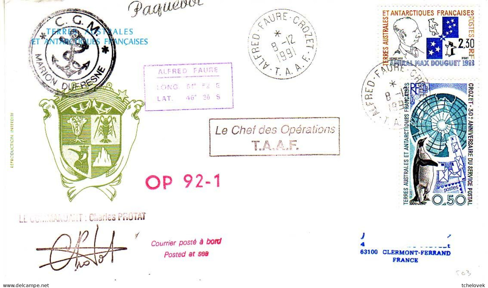 FSAT TAAF Marion Dufresne. 08.12.91 Crozet Op 92.1 - Cartas & Documentos