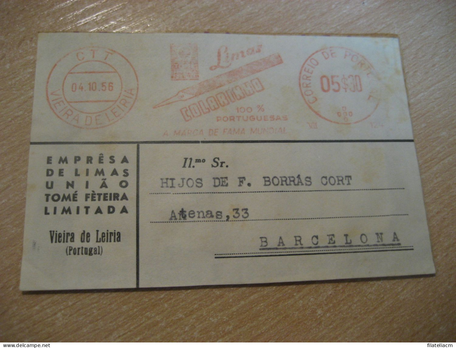 VIEIRA DE LEIRIA 1956 To Barcelona Spain Limas Colarinho Meter Mail Cancel Frontal Front Cut Cuted Cover PORTUGAL - Storia Postale