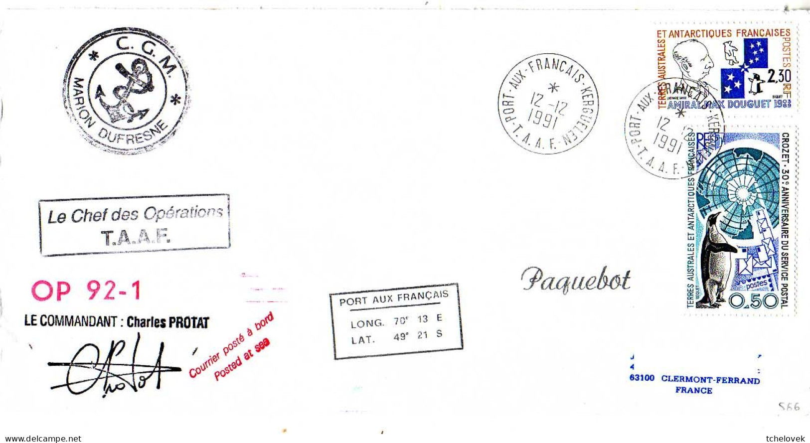FSAT TAAF Marion Dufresne. 12.12.91 Kerguelen Op 92.1 - Covers & Documents