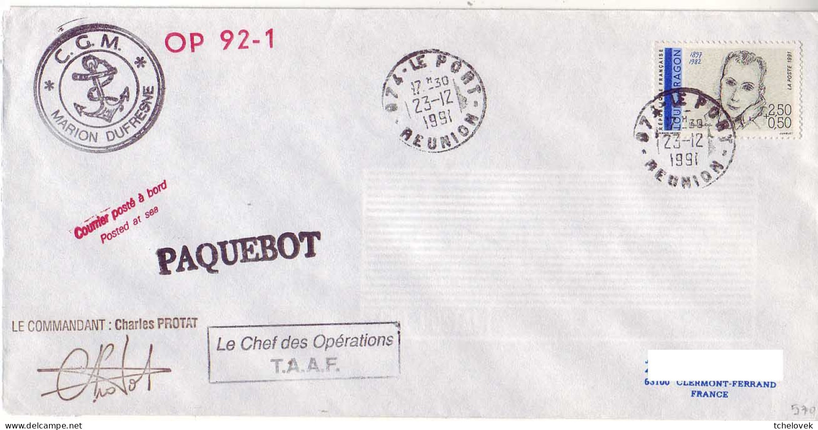 FSAT TAAF Marion Dufresne. 23.12.91 Le Port Reunion Op 92.1 - Lettres & Documents