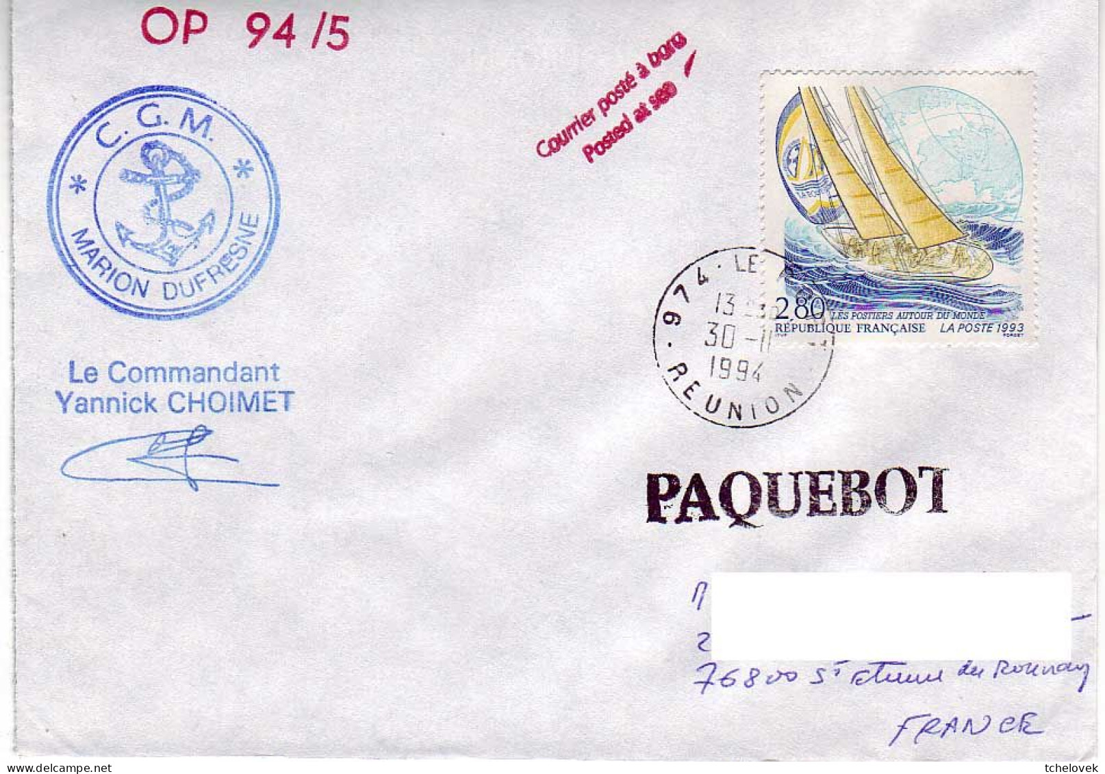 FSAT TAAF Marion Dufresne. 30.11.94 Le Port Reunion - Lettres & Documents