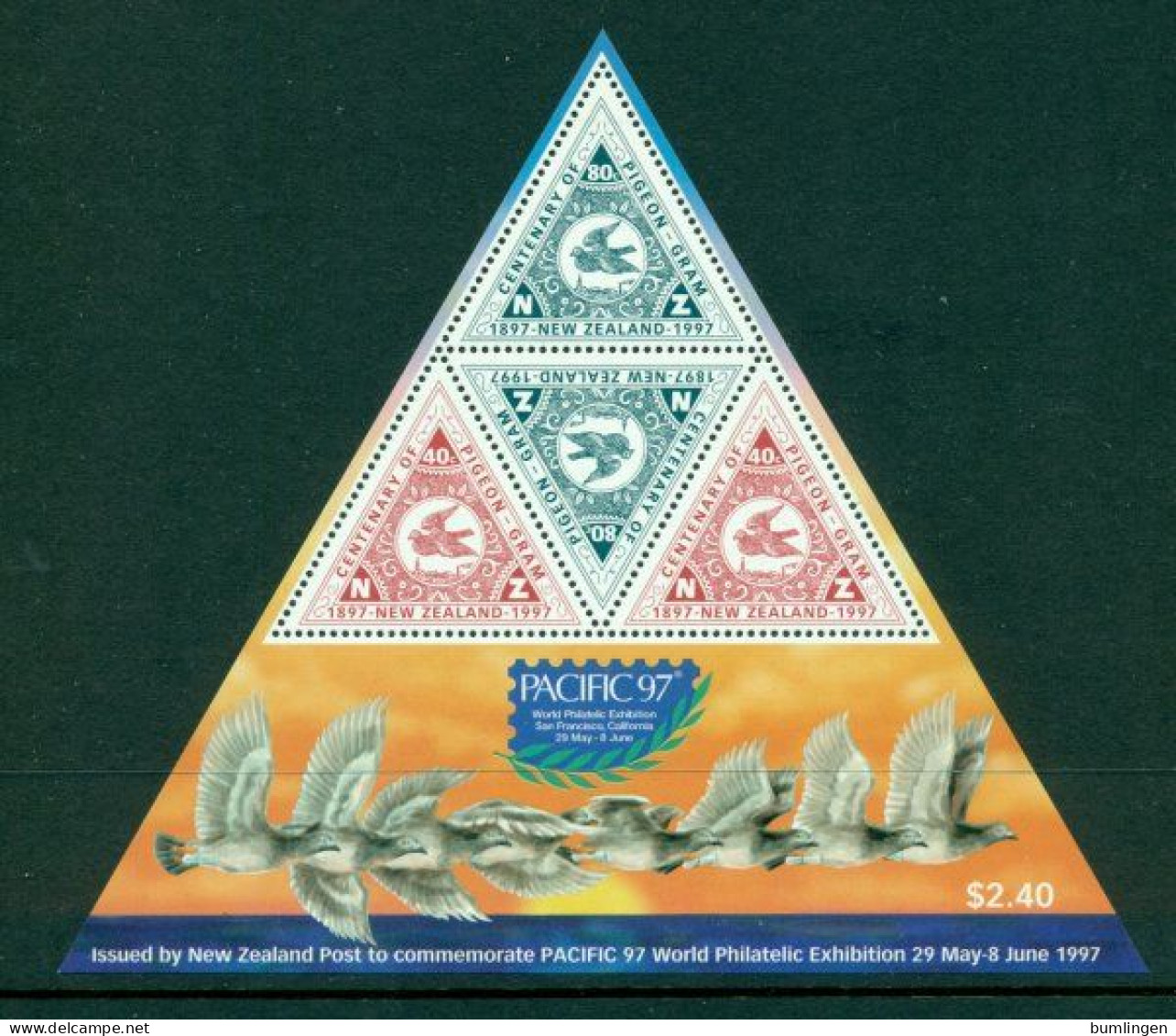 NEW ZEALAND 1997 Mi BL 65** Stamp Exhibition PACIFIC '97 – Centenary Of Pigeon-Gram [B1077] - Expositions Philatéliques