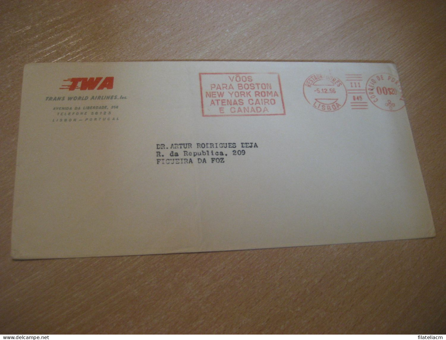 LISBOA 1956 To Figueira Da Foz TWA Airline Trans World Airlines Voos Flight Meter Mail Cancel Cover PORTUGAL - Lettres & Documents