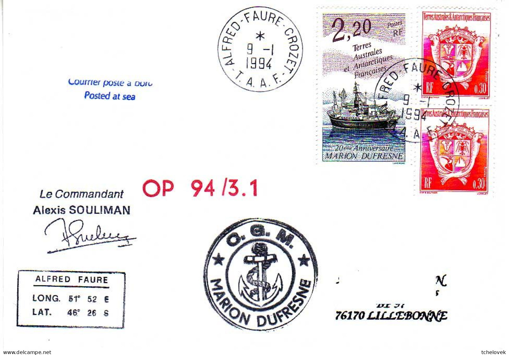 (Timbres). FSAT TAAF Marion Dufresne. 09.01.94 Crozet OP 94/3.1 - Covers & Documents
