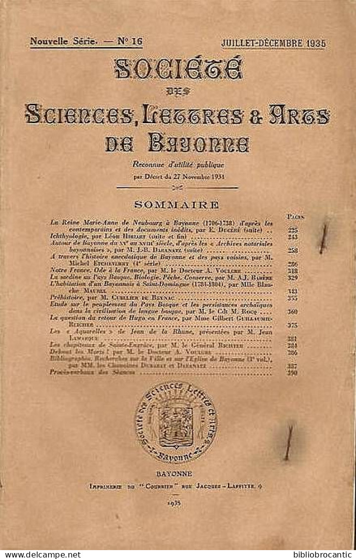 SOC.SCIENCES,LETTRES & ARTS BAYONNE/ Juillet/Décembre 1935/PEUPLEMENT PAYS BASQUE,PREHISTOIRE,ST ENGRACE,(Scan Sommaire) - Pays Basque