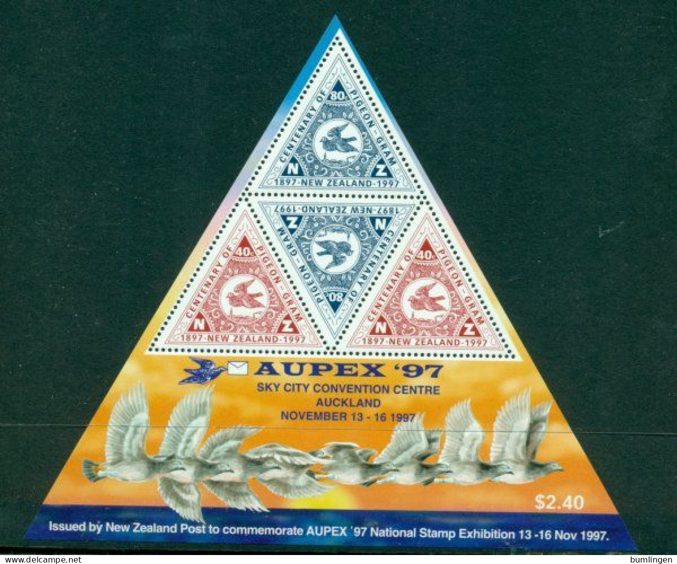 NEW ZEALAND 1997 Mi BL 70** Stamp Exhibition AUPEX '97 - Centenary Of Pigeon-Gram [B1087] - Expositions Philatéliques