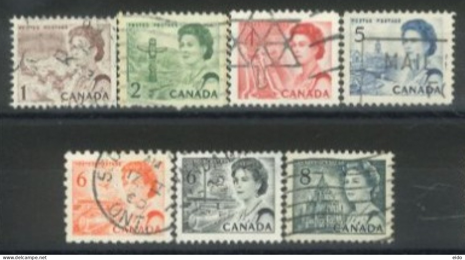 CANADA - 1967, QUEEN ELIZABETH II NORTHERN LIGHTS & DOG TEAM STAMPS SET OF 7, USED. - Gebraucht