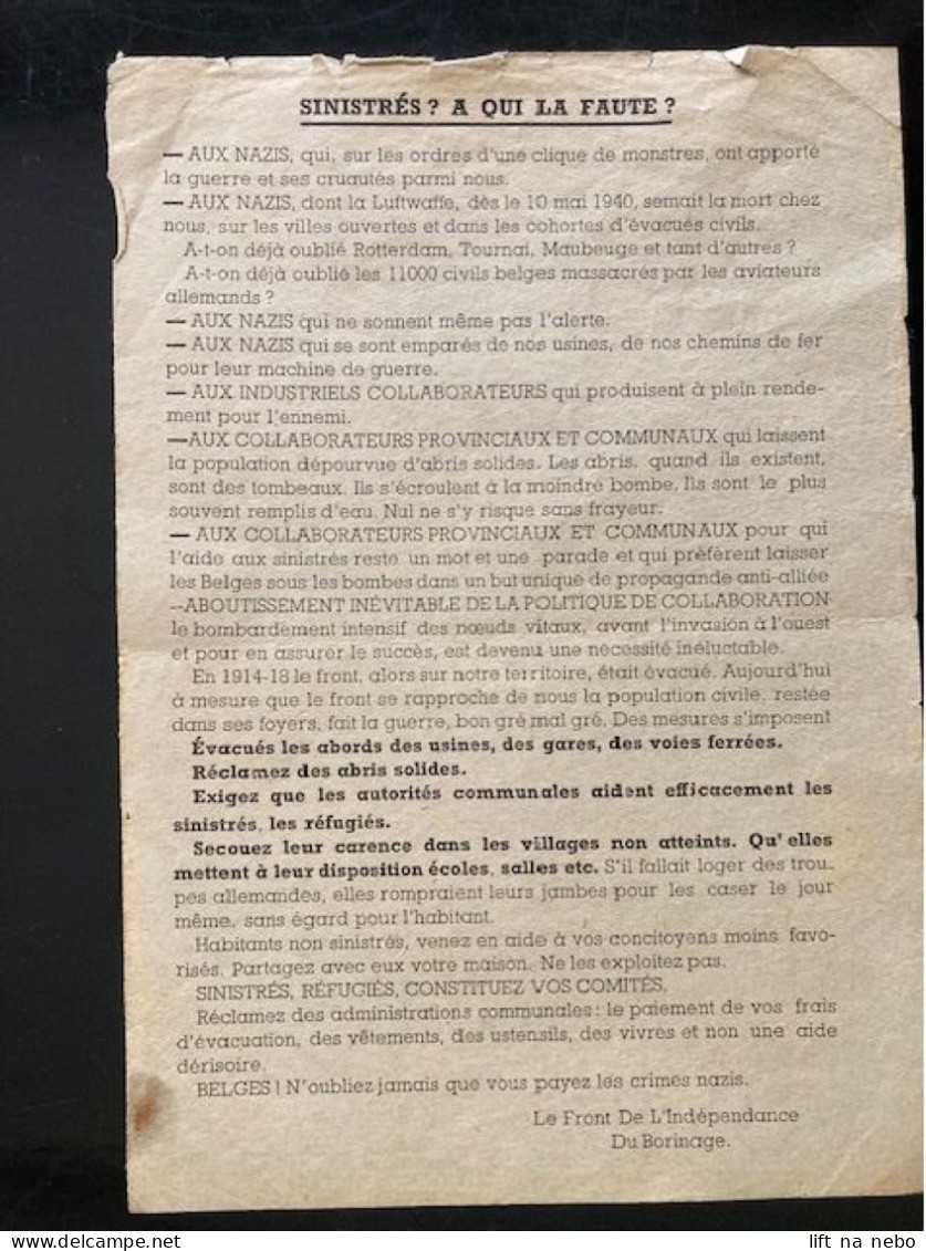 Tract Presse Clandestine Résistance Belge WWII WW2 'Sinistré? A Qui La Faute?' - Documentos