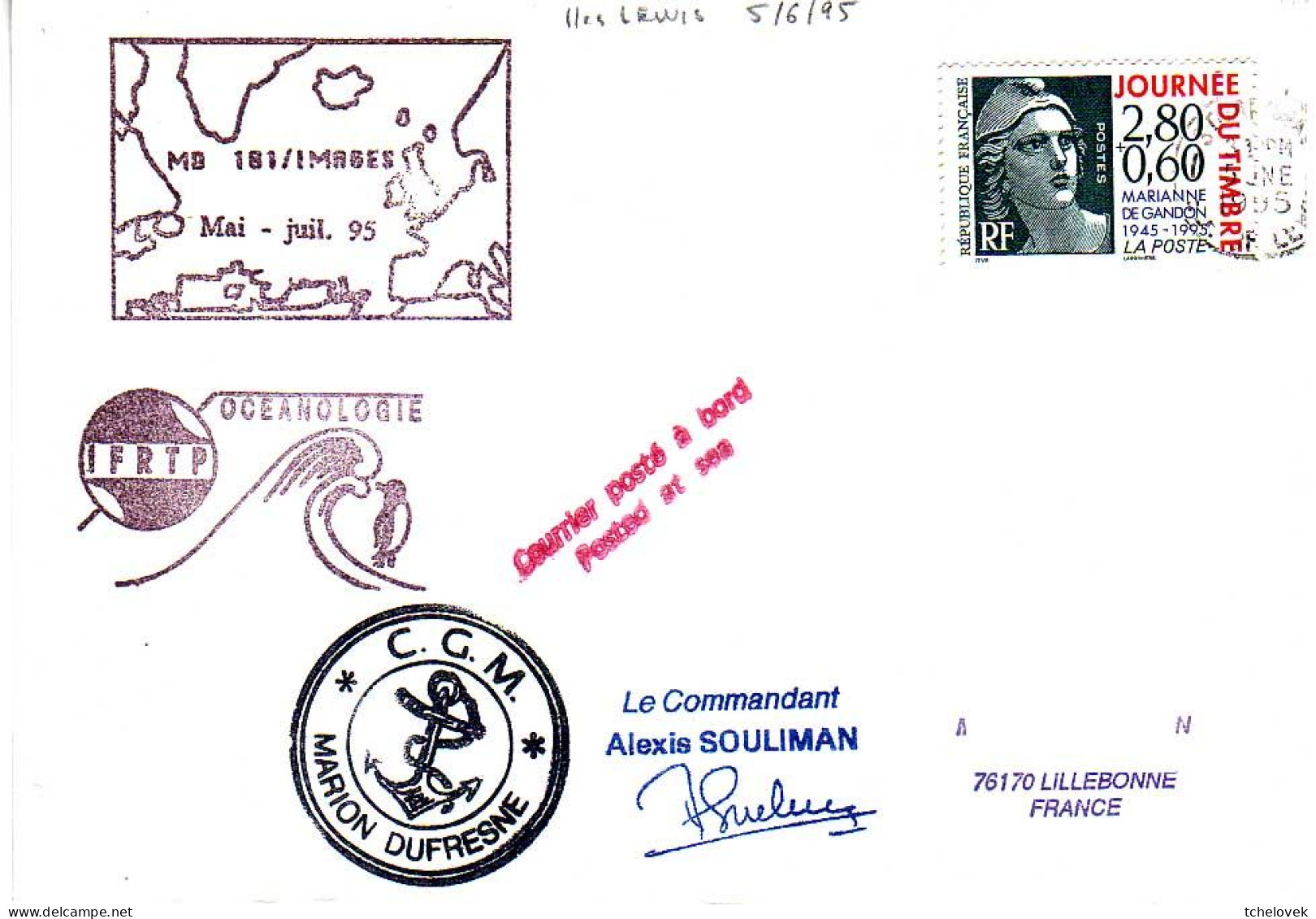 FSAT TAAF Marion Dufresne. 05.06.95 Iles Lewis MD 101 Image Campagne Oceanographique - Briefe U. Dokumente