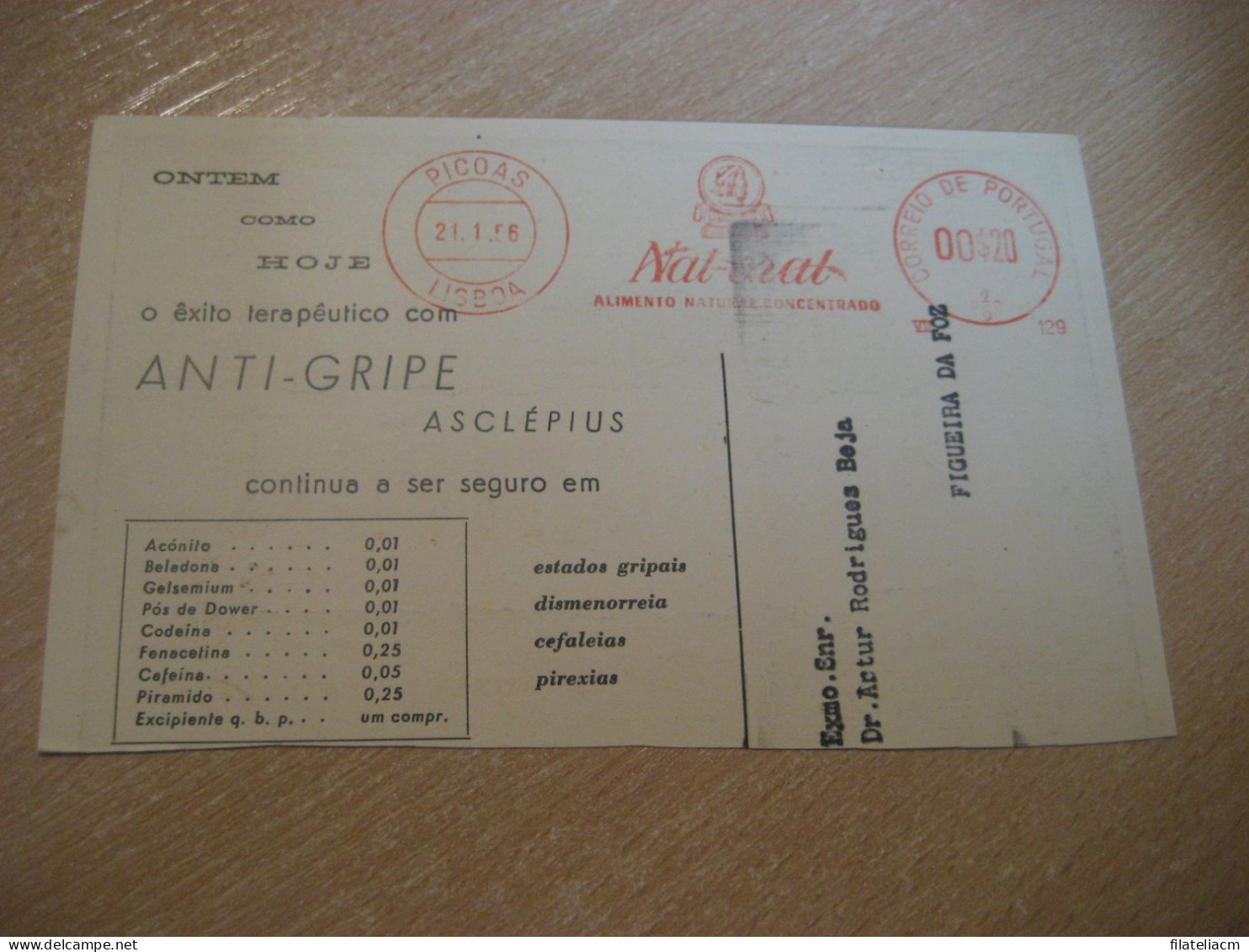 LISBOA 1956 To Figueira Da Foz Nat-Oral Anti-Gripe Pharmacy Health Chemical Meter Mail Cancel Cut Cuted Card PORTUGAL - Covers & Documents