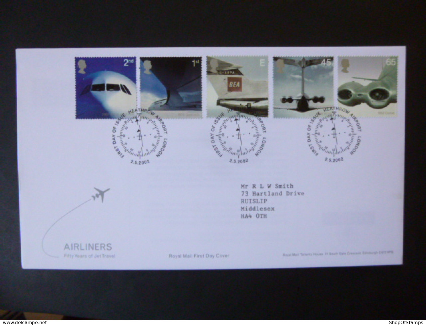 GREAT BRITAIN SG 2284-88 PASSENGER JET AVIATION AIRLINES 50TH ANNIVERSARY FDC HEATHROW AIRPORT LONDON - Unclassified