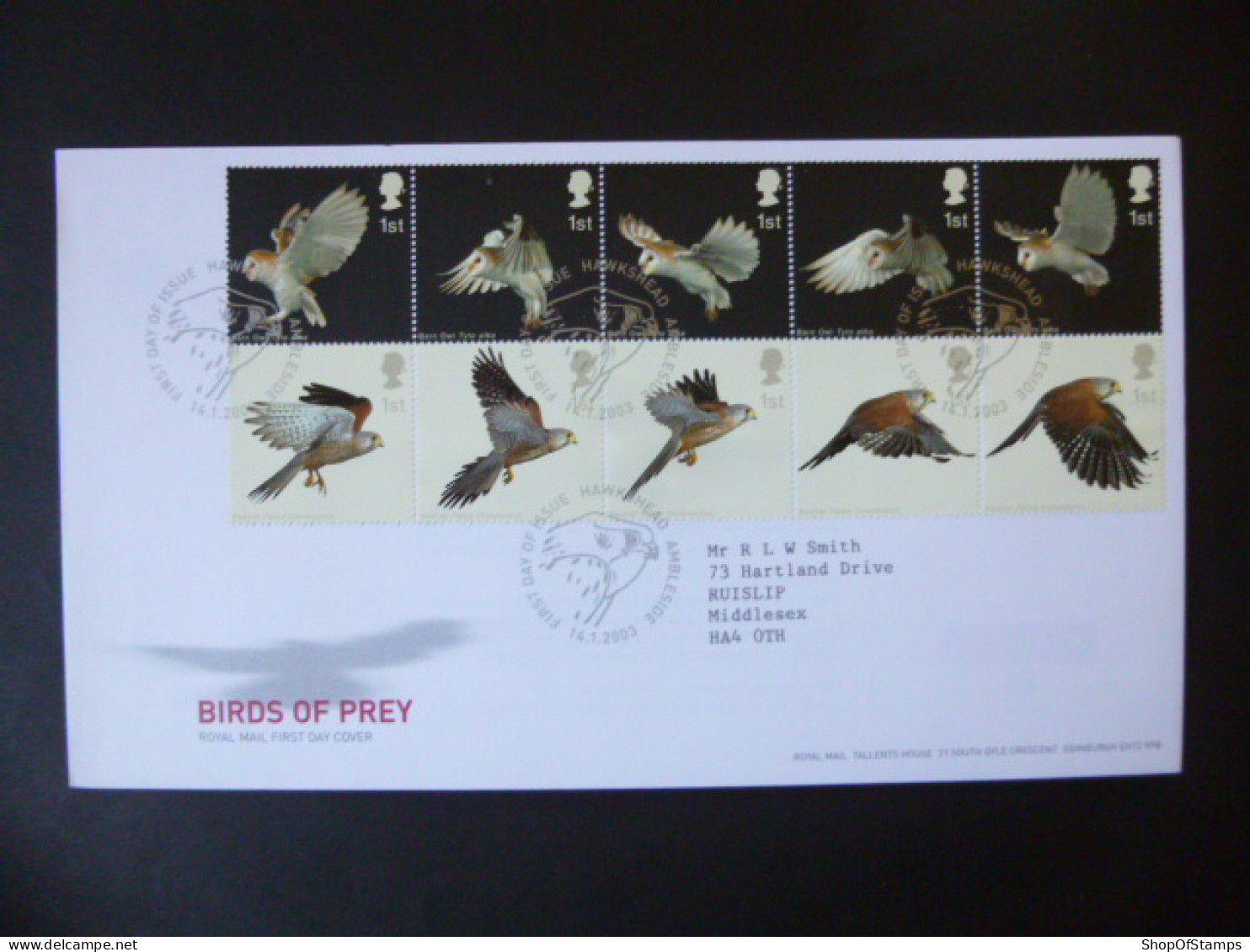 GREAT BRITAIN SG 2327-36 BIRDS OF PREY FDC HAWKSHEAD AMBLESIDE - Non Classés