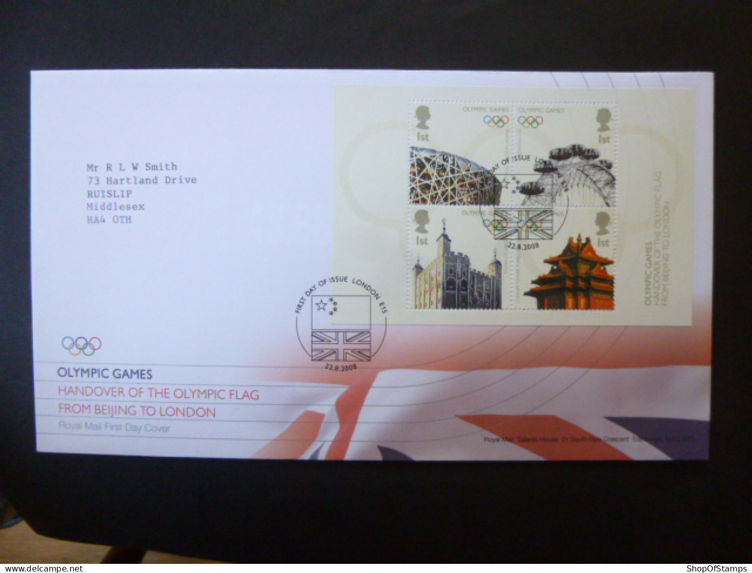 GREAT BRITAIN SG 2861MS HANDOVER OF OLYMPIC FLAG LANDMARKS OF LONDON & BEIJING FDC LONDON - Unclassified
