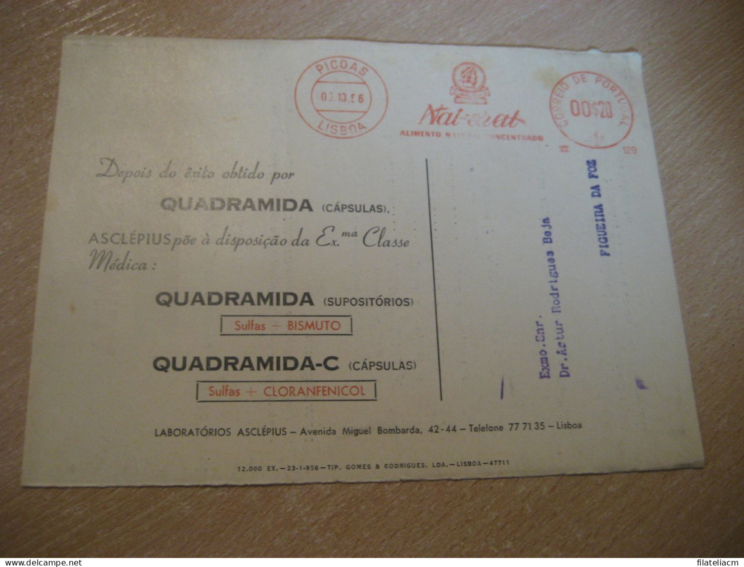 LISBOA 1956 To Figueira Da Foz Nat-Oral Quadramida Pharmacy Health Chemical Meter Mail Cancel Card PORTUGAL - Covers & Documents