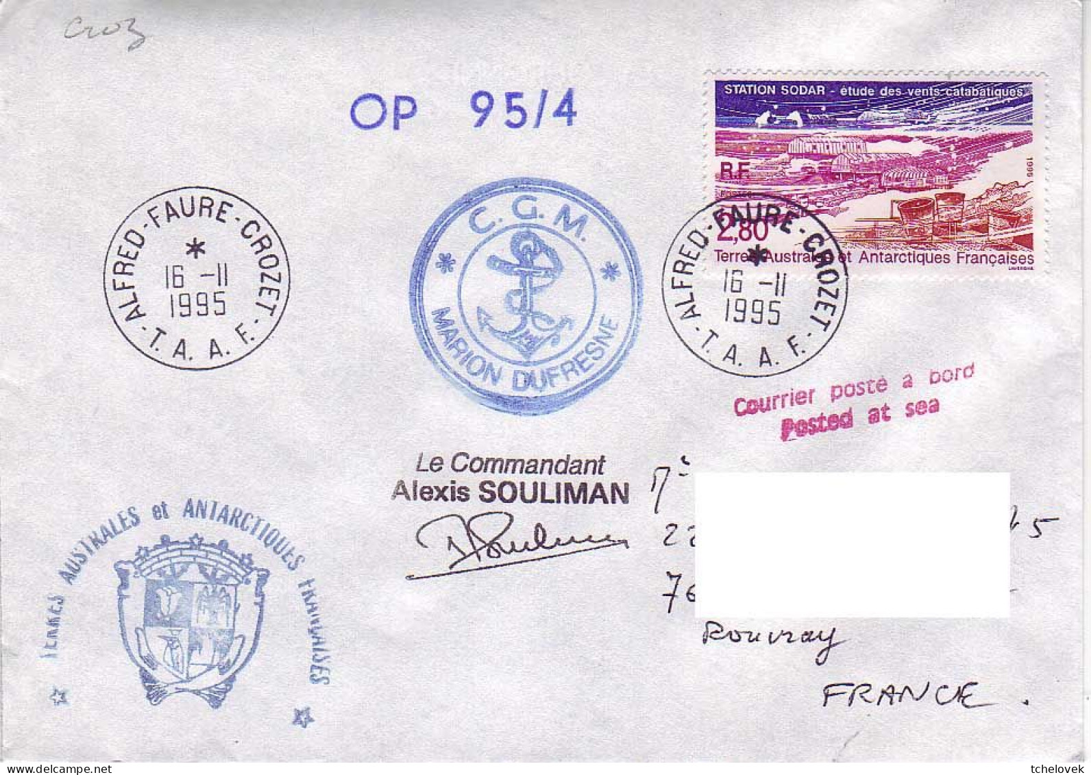 FSAT TAAF Marion Dufresne. 16.11.95 Crozet - Lettres & Documents