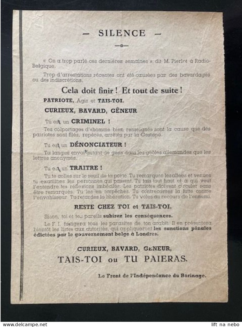 Tract Presse Clandestine Résistance Belge WWII WW2 'Silence' - Dokumente