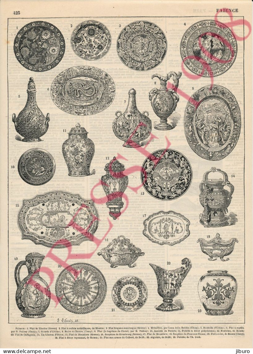 3 Vues Planche 1908 Faïences Faïence De Sèvres Cluny Bouteille D'Urbino Palissy Nevers Rouen Moustiers Pont-Aux-Choux - Sonstige & Ohne Zuordnung