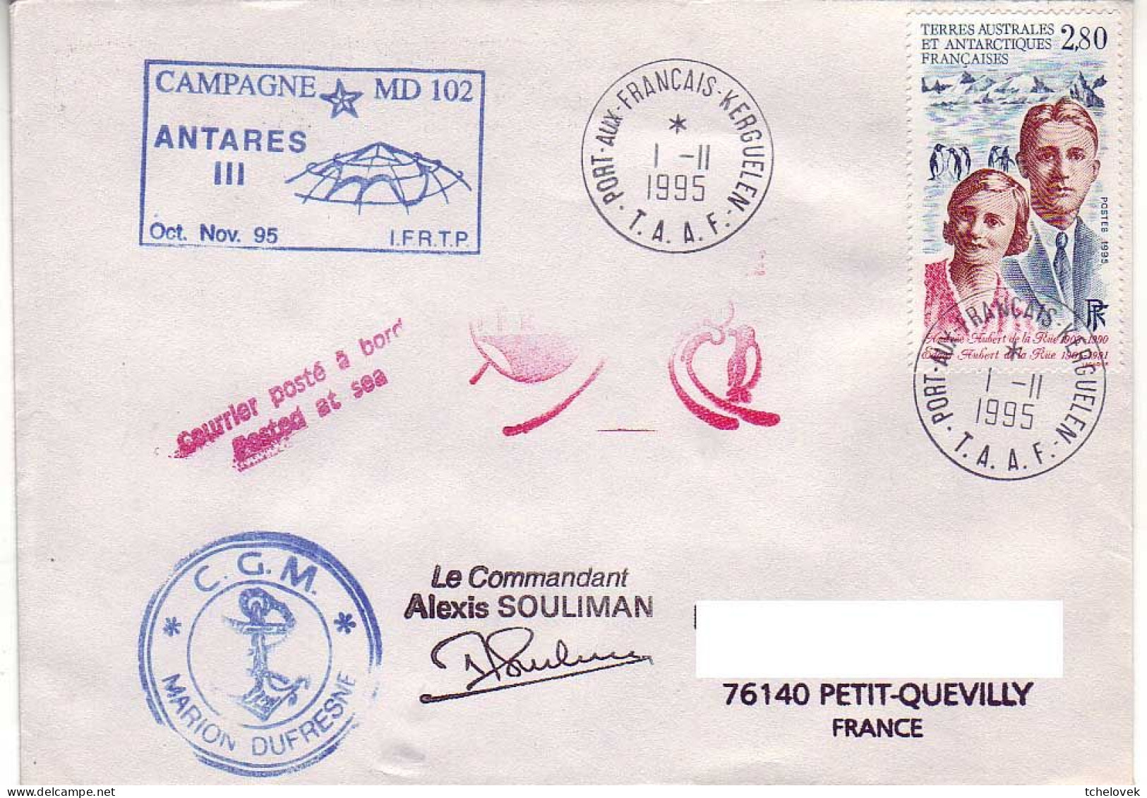 FSAT TAAF Marion Dufresne. 01.11.95 Kerguelen Campagne Oceanographique MD 102 Antares III - Cartas & Documentos