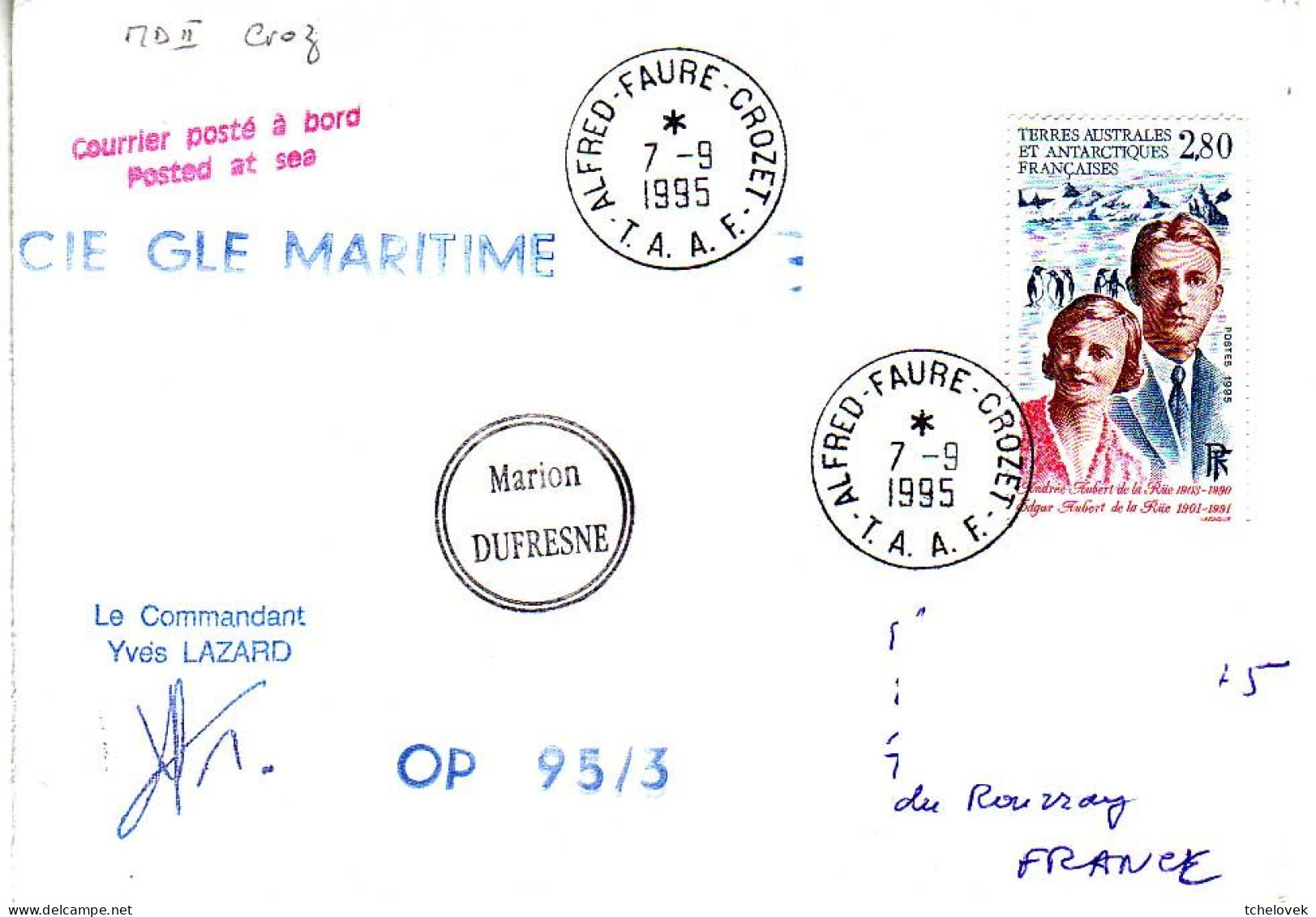 FSAT TAAF Marion Dufresne. 07.09.95 Crozet - Briefe U. Dokumente