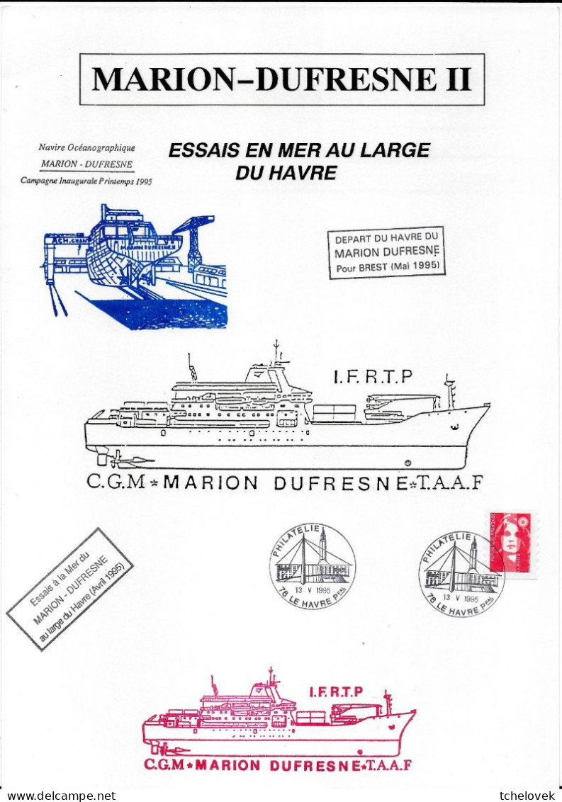 FSAT TAAF Marion Dufresne. 13.05.95 Le Havre Encart Essais à La Mer Campagne Inaugurale - Briefe U. Dokumente