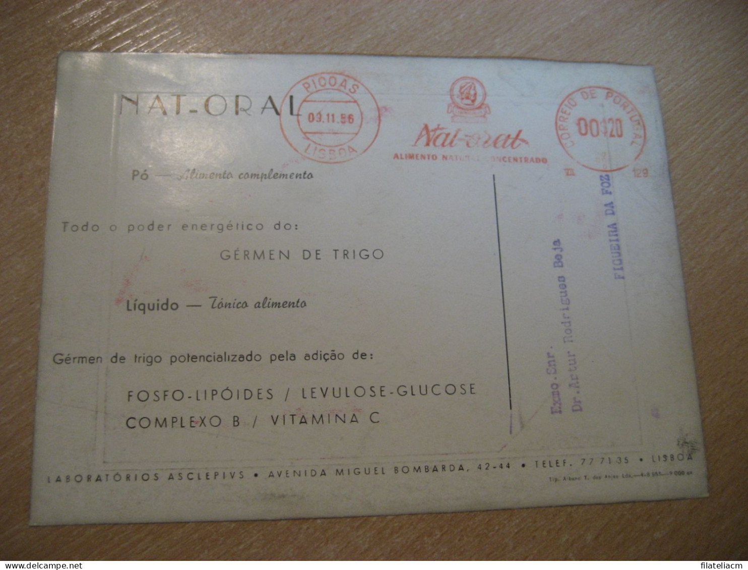 LISBOA 1956 To Figueira Da Foz Nat-Oral Germen De Trigo Pharmacy Health Chemical Meter Mail Cancel Card PORTUGAL - Covers & Documents