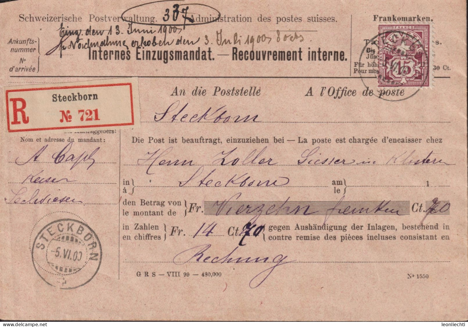1900 Schweiz, Einzugsmandat R-Steckborn, Zum:CH 64B,Mi:CH 57y, Ziffer-Marke, - Cartas & Documentos