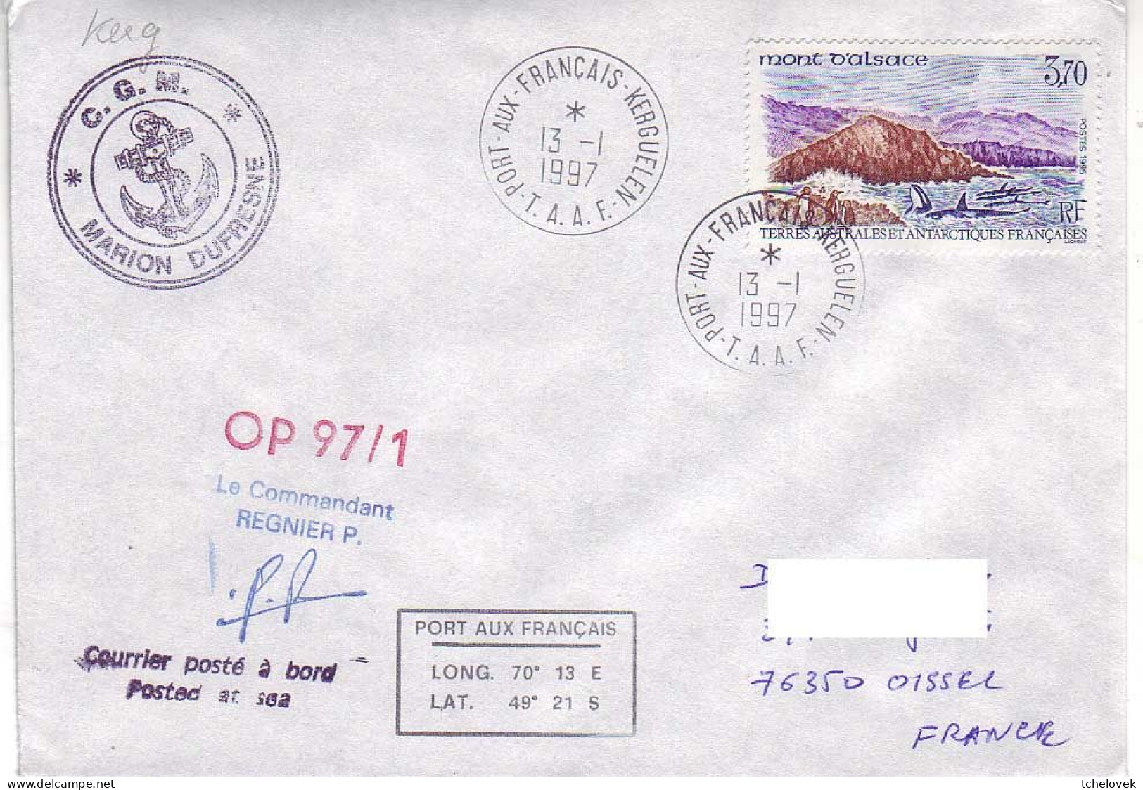 FSAT TAAF Marion Dufresne. 13.01.97 Kerguelen (2) - Covers & Documents