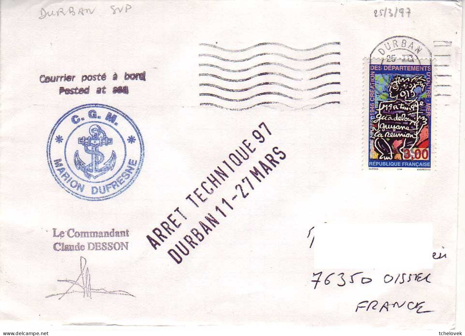 FSAT TAAF Marion Dufresne. 25.03.97 Durban Arret Technique - Lettres & Documents