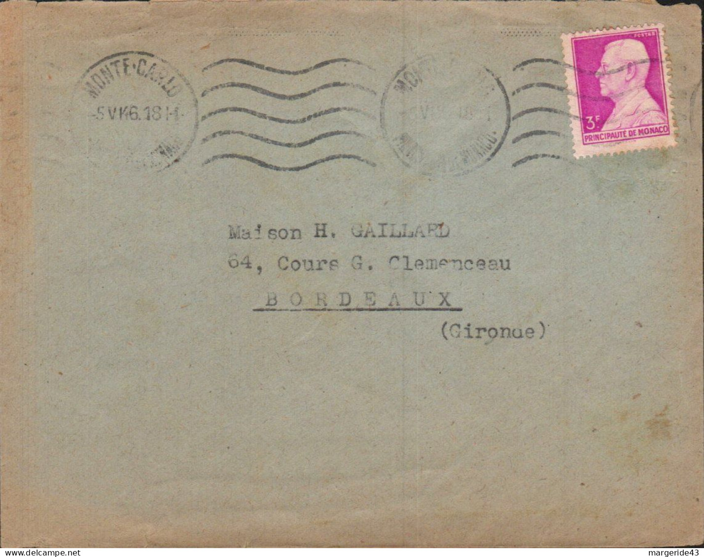 MONACO SEUL SUR LETTRE POUR LA FRANCE 1946 - Briefe U. Dokumente