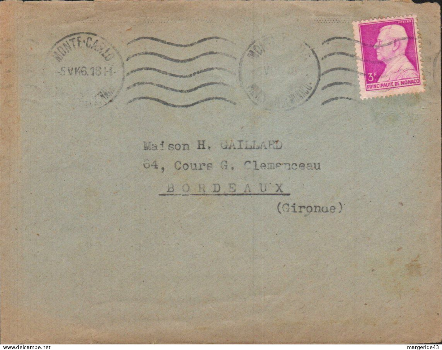 MONACO SEUL SUR LETTRE POUR LA FRANCE 1946 - Covers & Documents