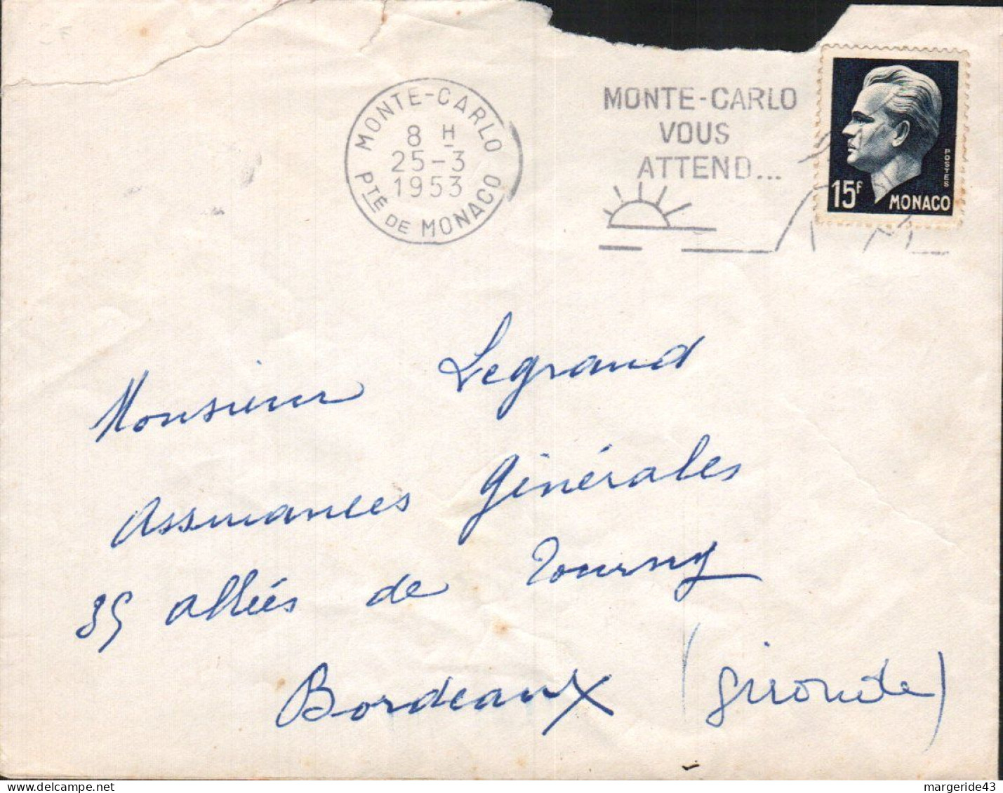 MONACO SEUL SUR LETTRE POUR LA FRANCE 1953 - Briefe U. Dokumente