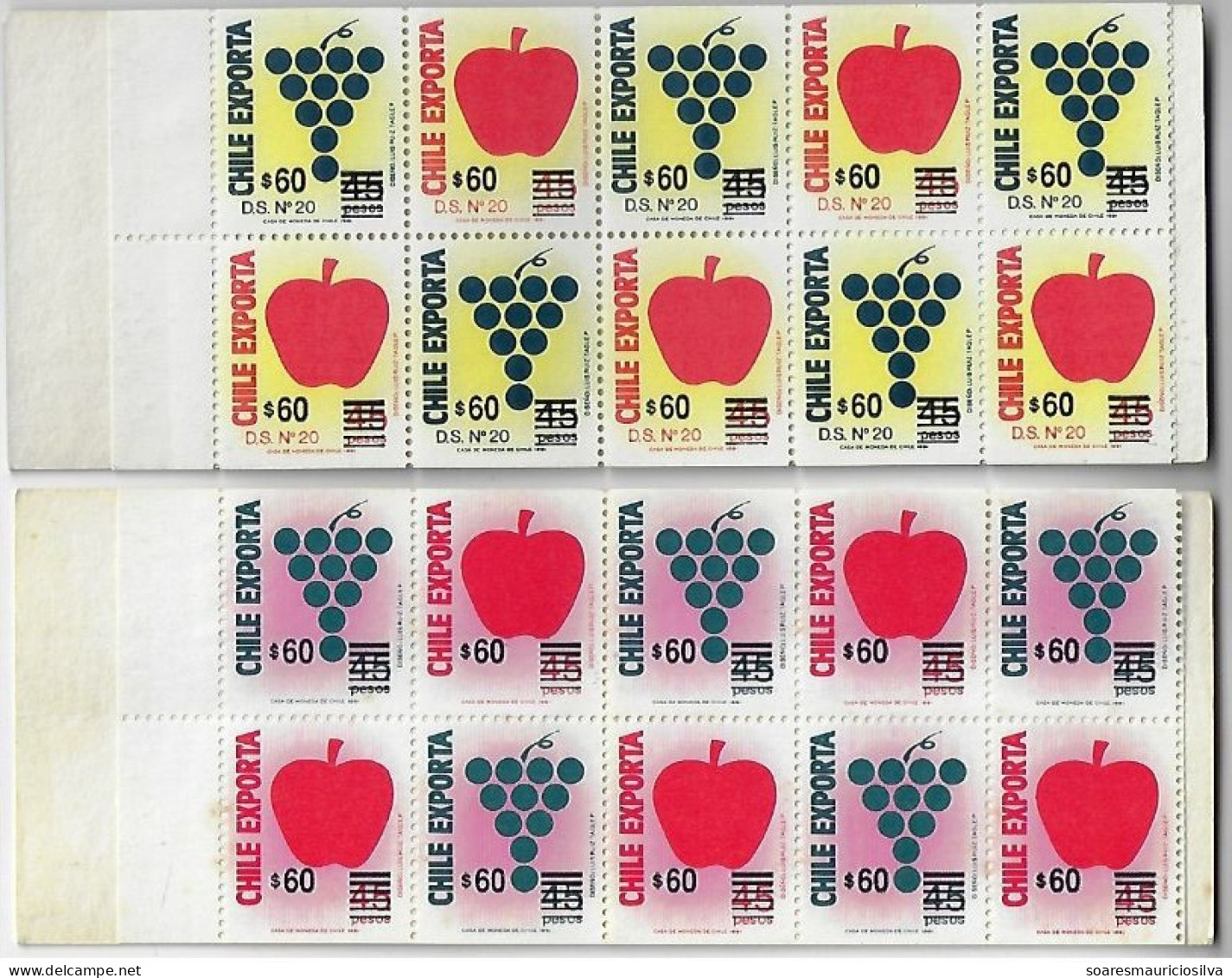 1991 2 Different Complete Booklet Stamp Chile Exports Series Apple Grape One Of Them With Slight Yellowish Spots - Chili