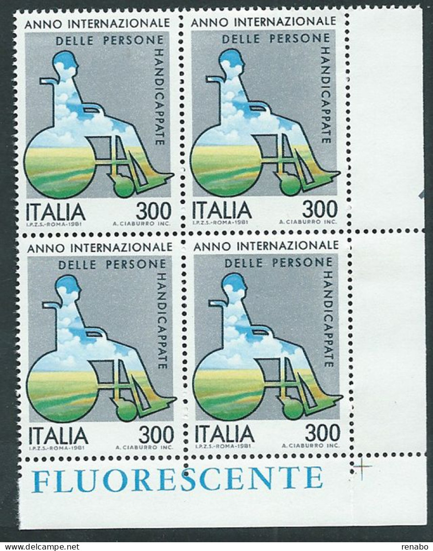 Italia 1981; Anno Degli Handicappati: Quartina D' Angolo Con FLUORESCENTE. - 1981-90: Neufs