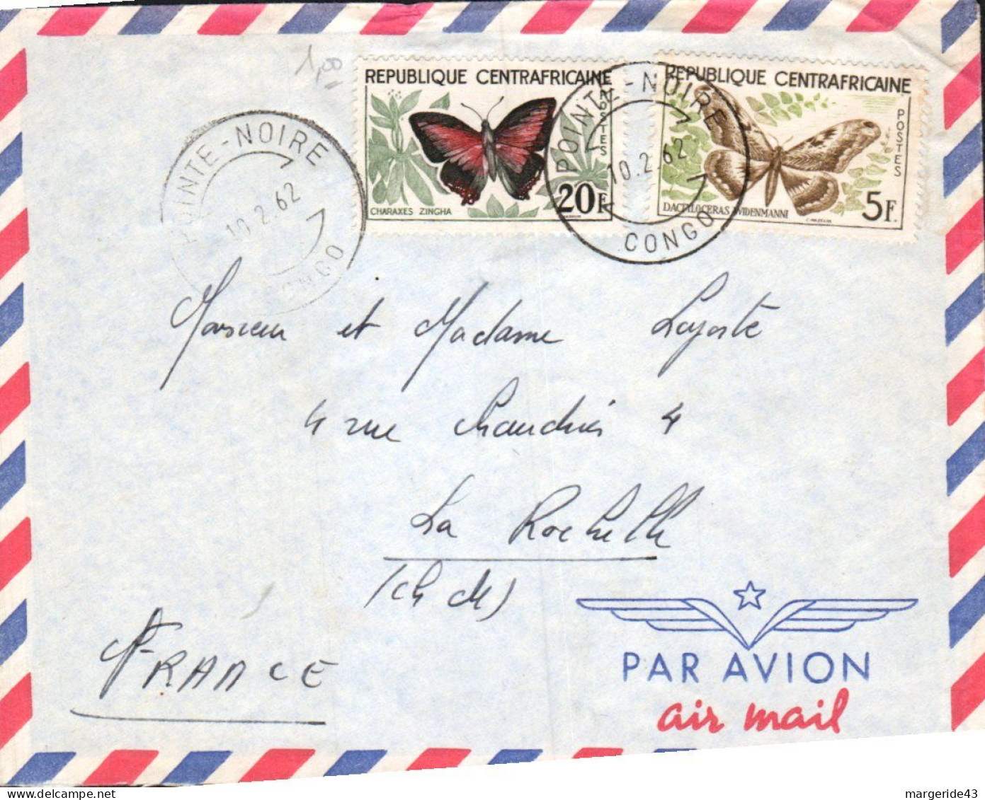 CENTRAFRIQUE AFFRANCHISSEMENT COMPOSE SUR LETTRE POUR LA FRANCE 1962 - Zentralafrik. Republik