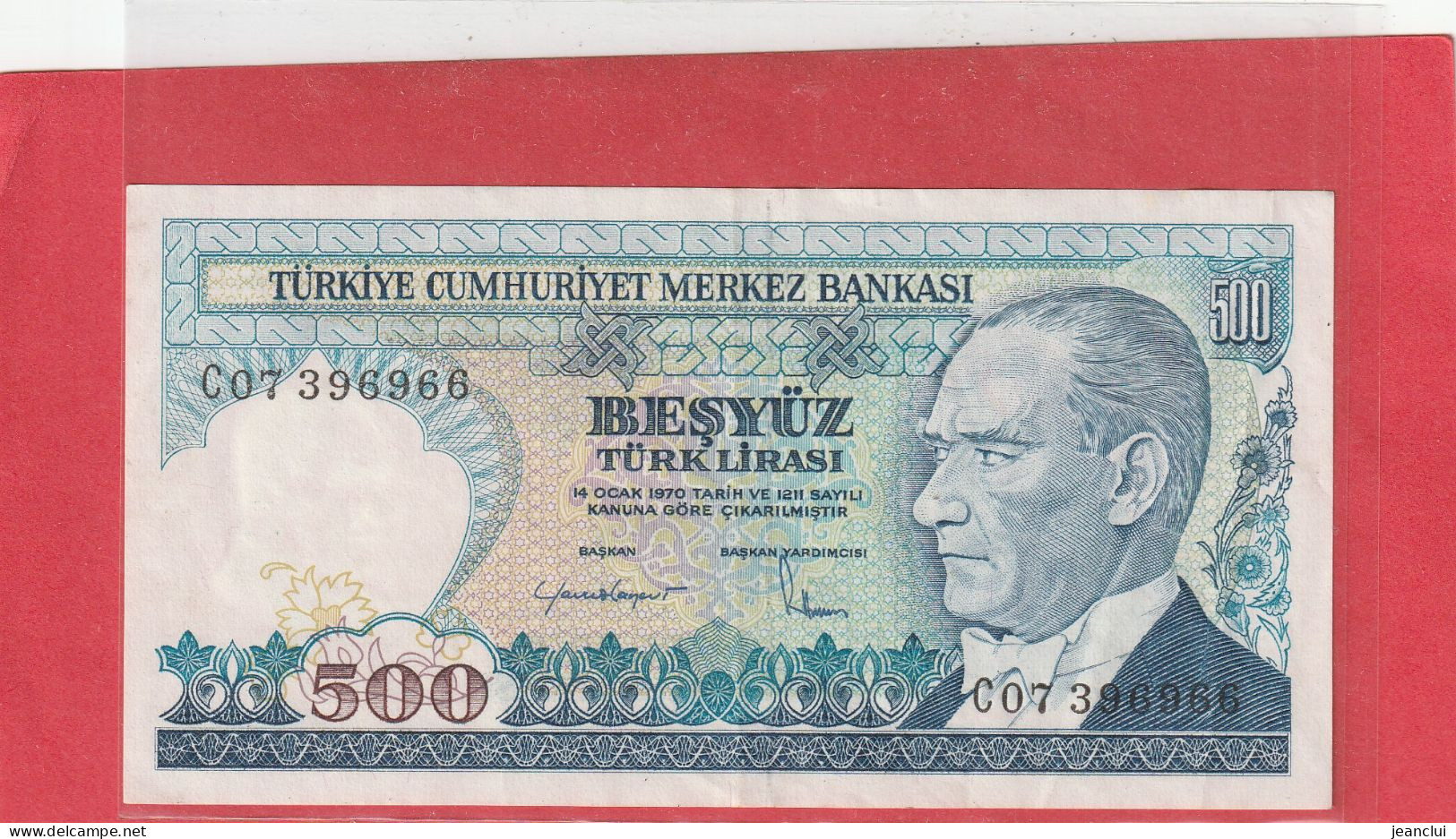 TURKIYE CUMHURIYET MERKEZ BANKASI . 500 LIRA . 14 OCAK 1970  . N°  C 07396966 .  2 SCANNES  .  BEL ETAT - Turkey