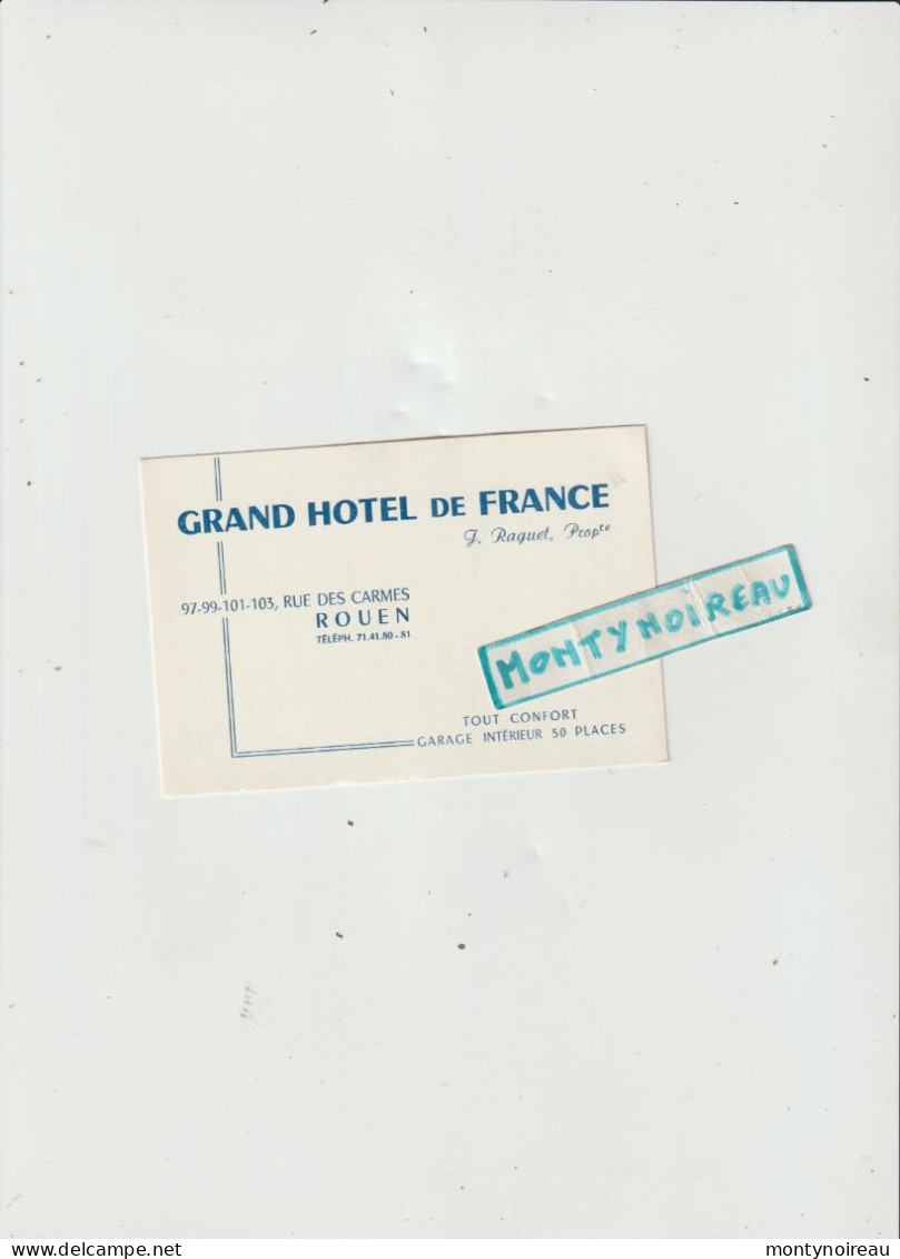 VP : Carte De Visite : ROUEN : Grand  Hotel D E France - Visitekaartjes
