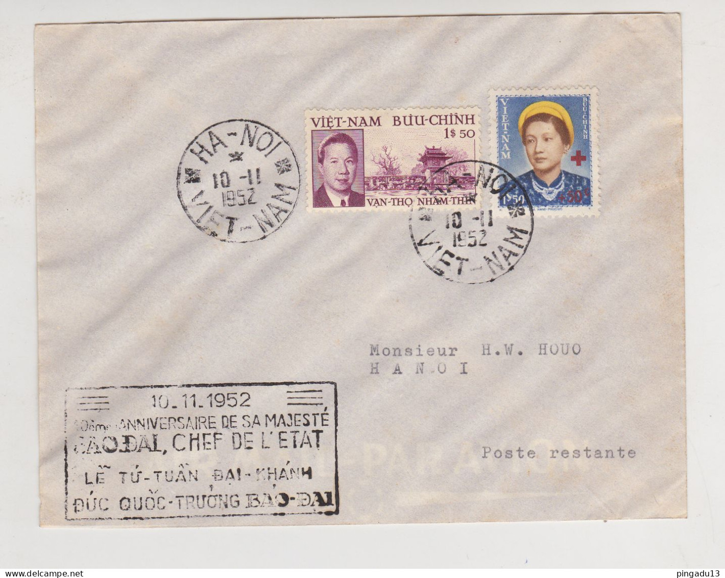 Fixe Enveloppe Poste Restante Hanoi Ha-Noï Viet-Nam 10 Novembre 1952 Anniversaire Baodaï Croix-Rouge - Vietnam