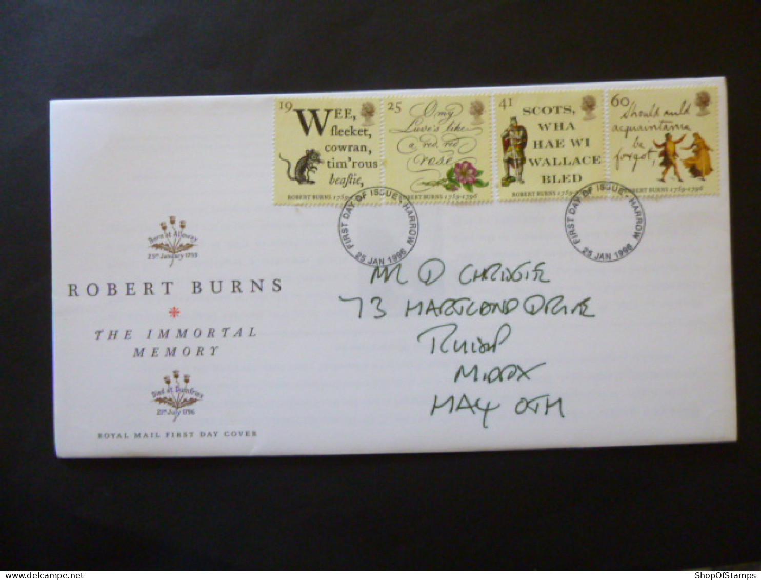 GREAT BRITAIN SG 1901-04 ROBERT BURNS DEATH BICENTENARY FDC HARROW - Zonder Classificatie