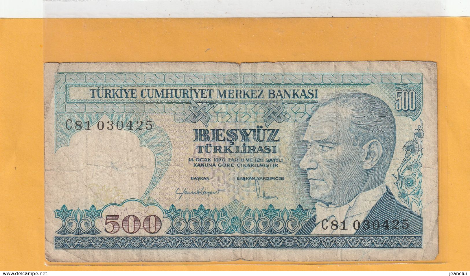 TURKIYE CUMHURIYET MERKEZ BANKASI . 500 LIRA . 14 OCAK 1970  . N°  C81 030425 .  2 SCANNES  .  BILLET USITE - Turquie