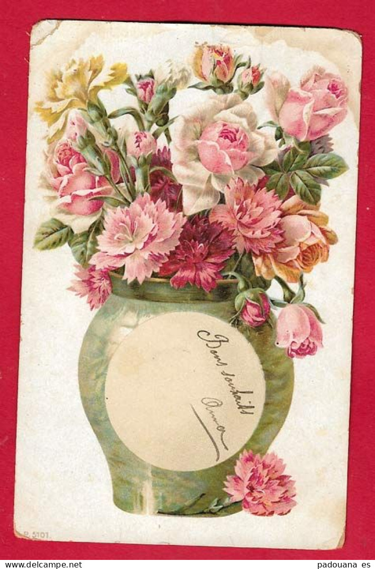 AD273 FANTAISIES FLEURS ROSES ET OEILLETS ROSES CRUCHE VERTE EN 1905 - Blumen