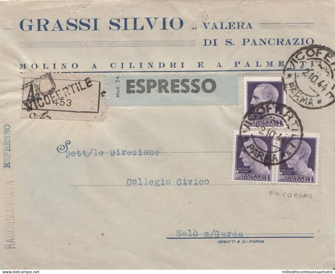 1555  - R.S.I. - Busta Raccomandata Espresso Senza Testo Del 1944 Da Vicofertile A Salò  . - Entiers Postaux
