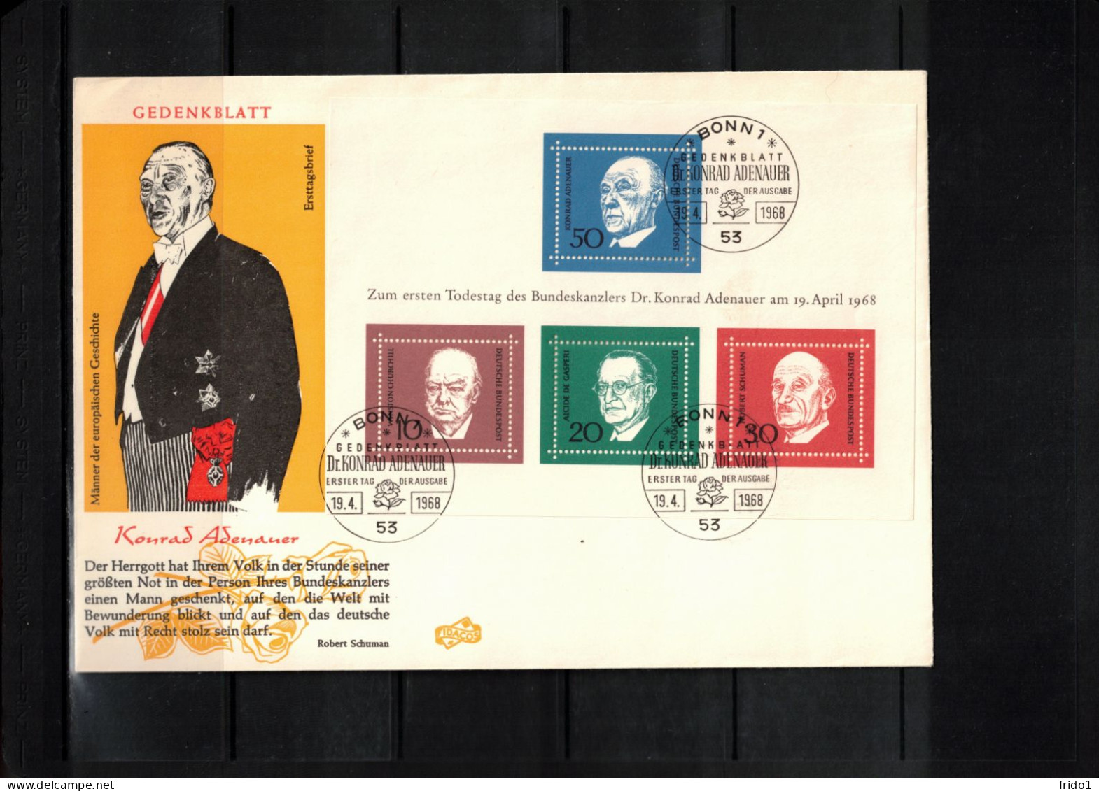 Germany / Deutschland 1968 Dr. Konrad Adenauer Im Memoriam Block FDC - Sonstige & Ohne Zuordnung