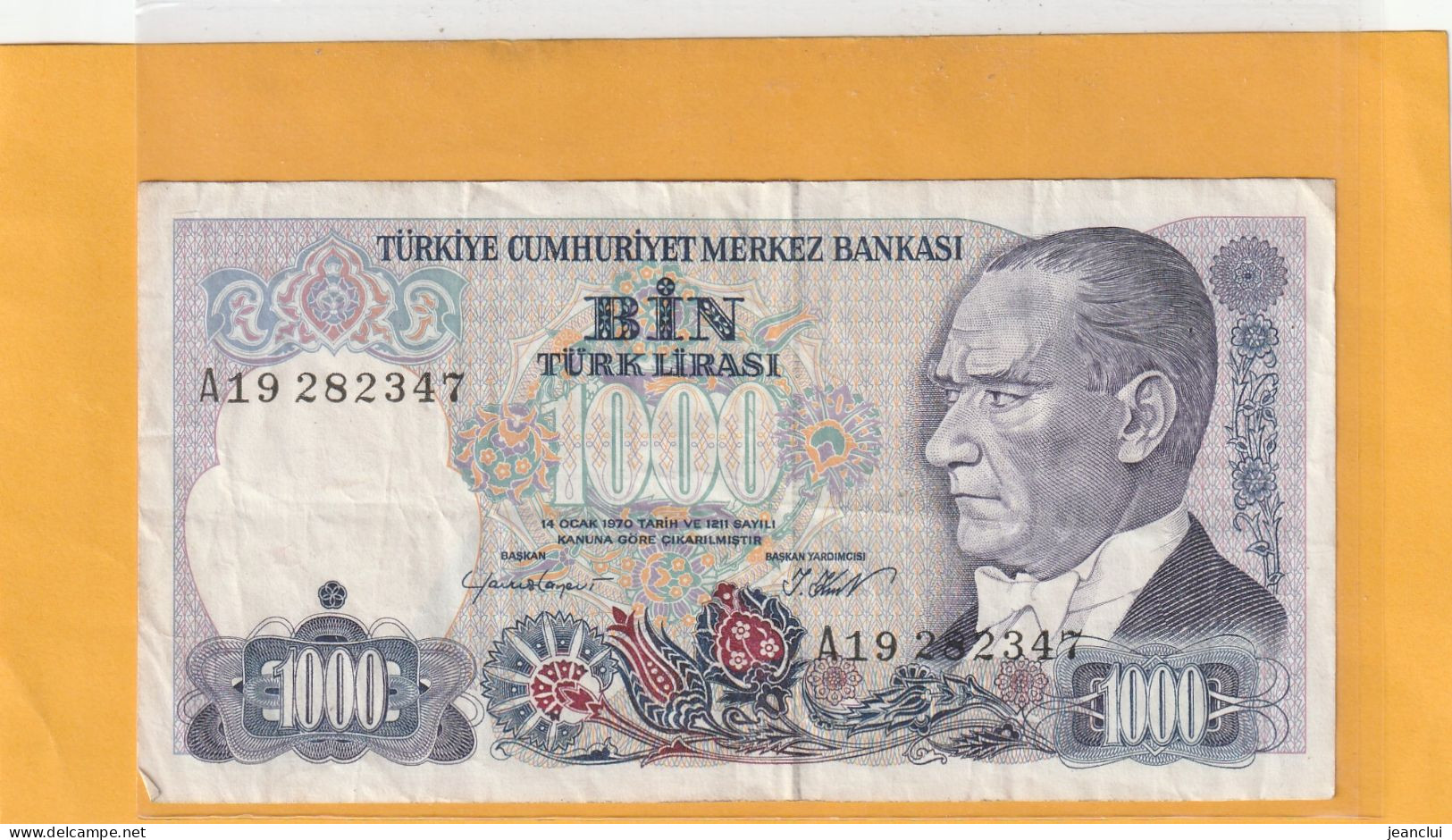 TURKIYE CUMHURIYET MERKEZ BANKASI . 1.000 LIRA . 14 OCAK 1970  . N°  A19 282347 .  2 SCANNES  .  BILLET USITE - Türkei