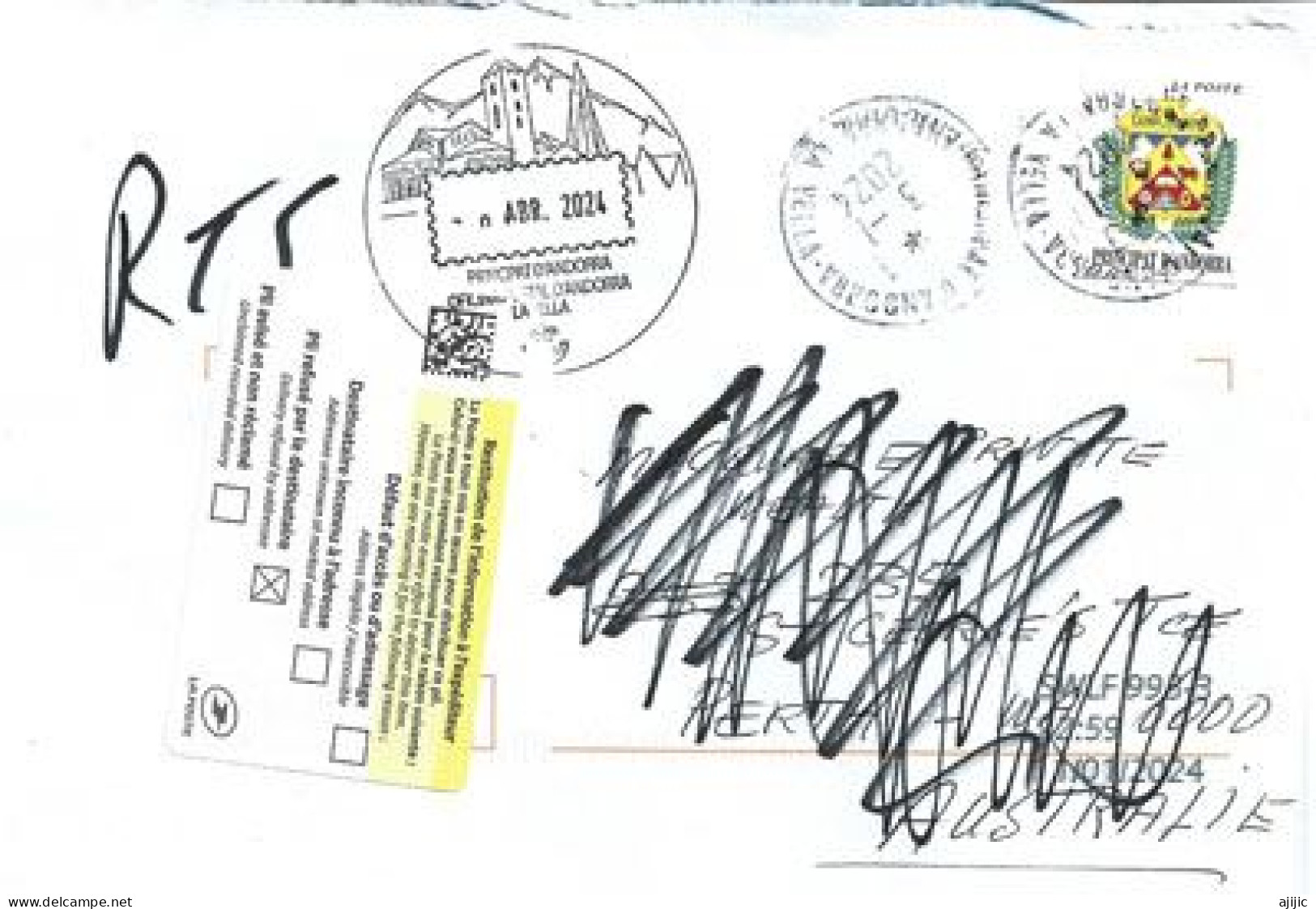 Lettre à Destination Australie, Timbre Blason De Ordino, Return To Sender , Avec Timbre à Date Retour - Storia Postale