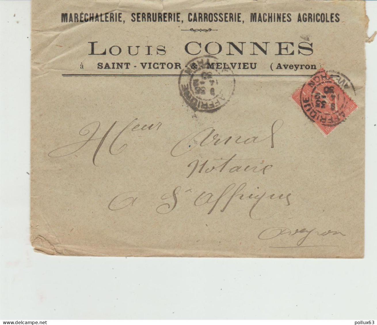 ENVELOPPE DE LOUIS CONNES (MARECHALERIE) à SAINT-VICTOR-& MELVIEU (12) à MAÎTRE ARNAL NOTAIRE à SAINT-AFFRIQUE (12) - 1900 – 1949