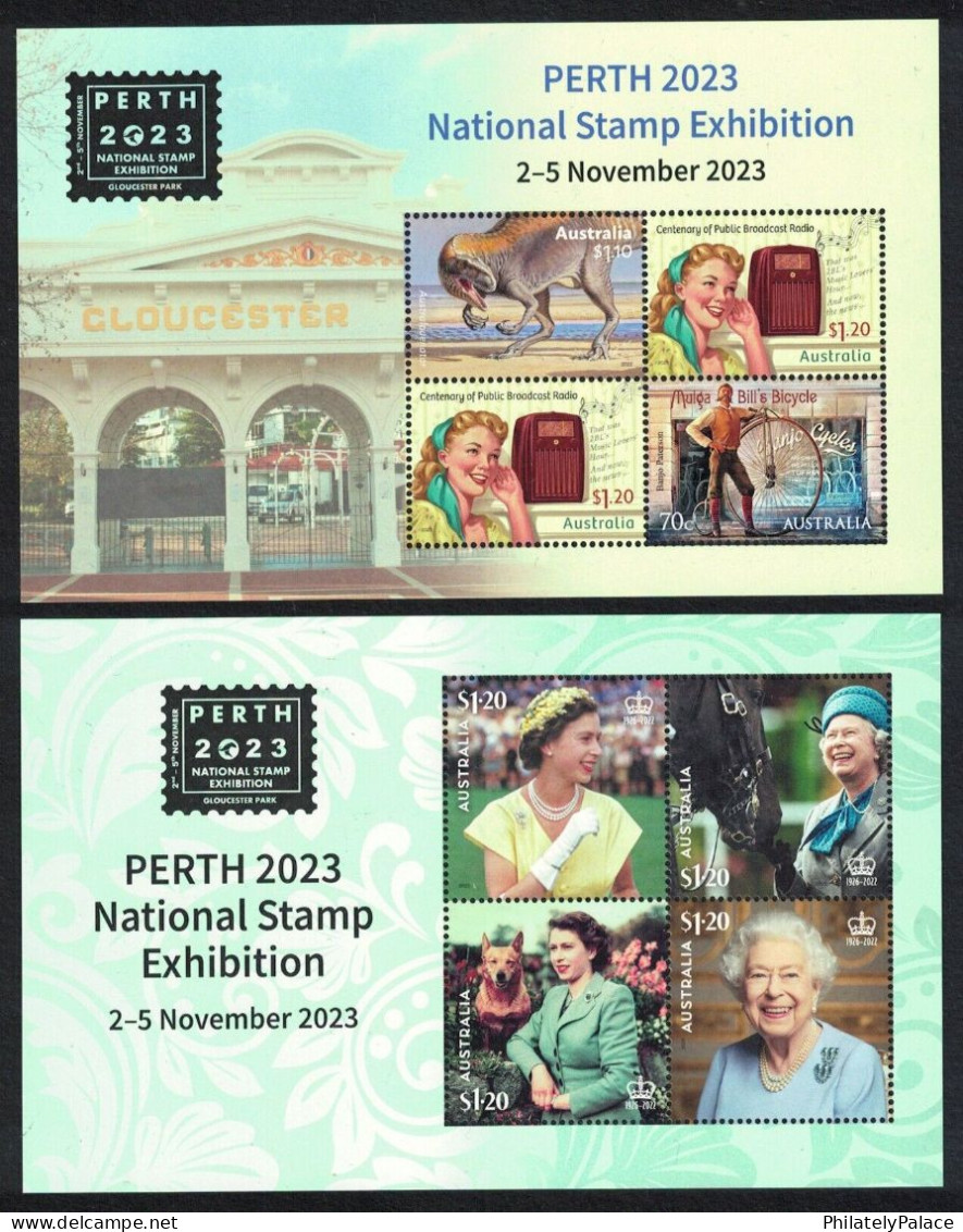 AUSTRALIA 2023 PERTH NATIONAL STAMP SHOW,DINOSAUR,RADIO,BICYCLE,QUEEN ELIZABETH,DOG,HORSE,2 MS MNH (**) - Unused Stamps